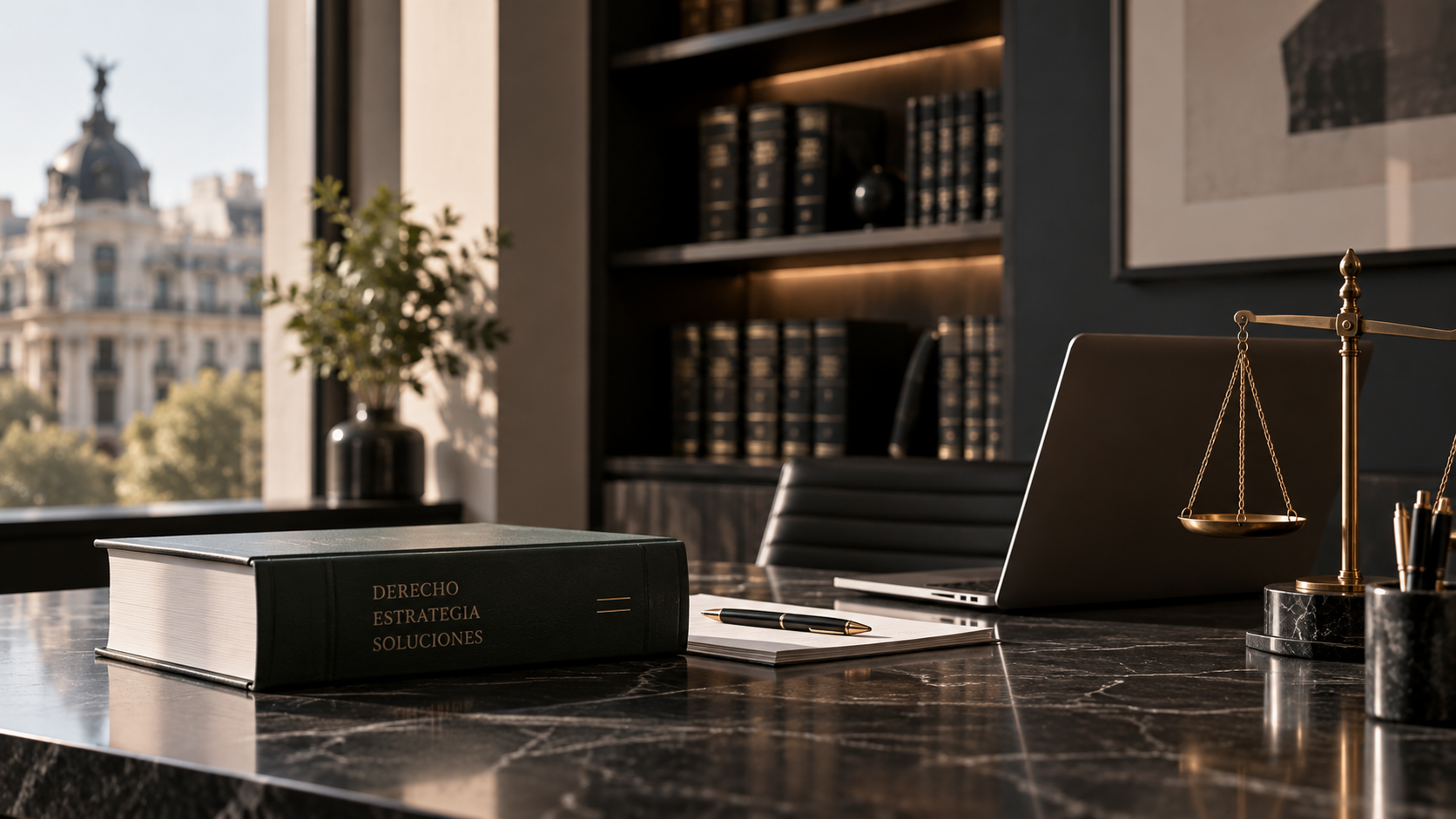 Despacho legal con libros, balanza y vista a Madrid